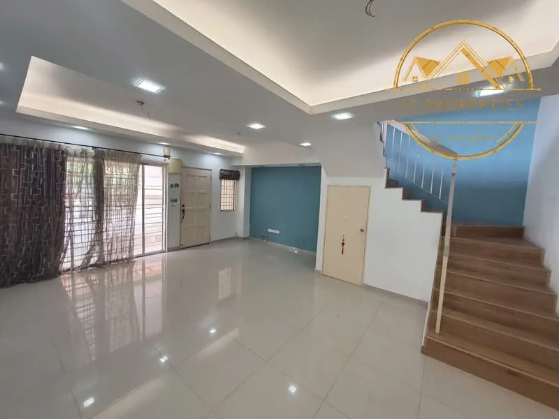Living features: white painted walls, blue accent wall, glossy tile flooring, tray ceiling with recessed lighting, large windows with sheer curtains, double front door, staircase with wooden steps, wall-mounted light fixtures, open layout, air conditioning unit; style: modern.