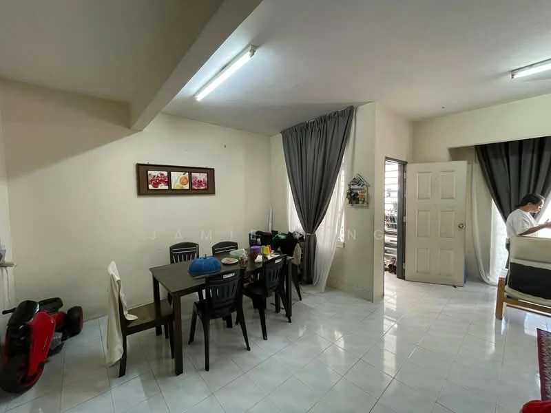 Dining features: dining table with 6 black chairs, white tiled flooring, cream painted walls, large window with sheer curtains, recessed ceiling lights, framed artwork on wall, doorway leading to another room, corner with a small kitchen area visible, black plastic chair, decorative items on the table; style: modern.