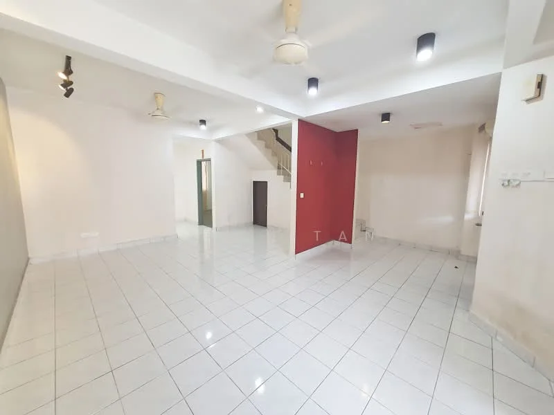 Room features: white painted walls, red accent wall, glossy white tile flooring, 2 ceiling fans, recessed downlights, staircase visible in background, multiple light fixtures, large windows, open layout; style: modern.