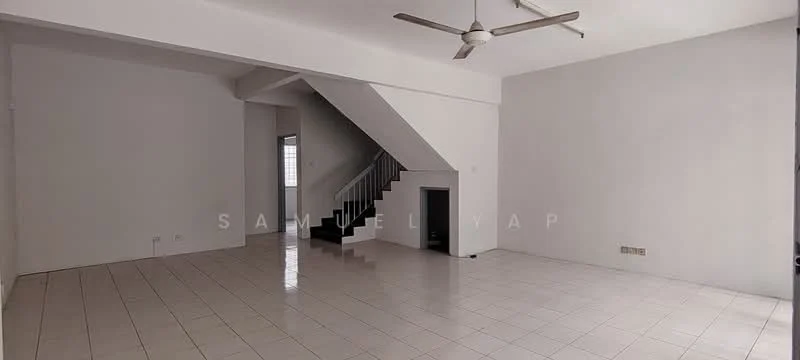 Living features: white painted walls, ceramic tile flooring, exposed staircase, ceiling fan, large windows, open layout, no visible furniture, neutral color scheme; style: minimalist.