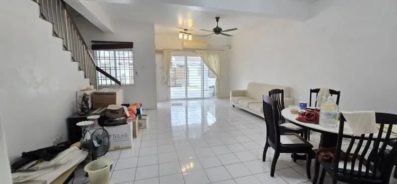 Living features: white painted walls, glossy white tile flooring, 5-blade ceiling fan, sliding glass door, curtains, sofa in beige, dining table with chairs, decorative items on table, open layout, natural light from windows; style: modern.