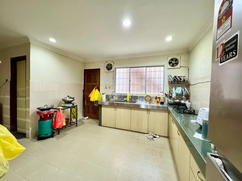Kitchen features: green granite countertop, wood cabinetry, stainless-steel sink, chrome pull-down faucet, built-in gas stove, exhaust fan, wall-mounted split AC, tile flooring, window with metal grilles, kitchen cart, microwave, kettle, cooking utensils, cleaning supplies.