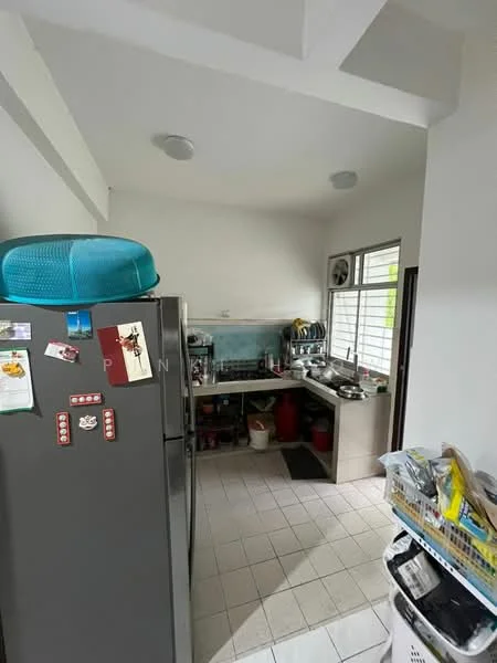 Kitchen features: grey refrigerator, stainless-steel sink, chrome pull-down faucet, kitchen countertop, wall-mounted cabinets, open shelving, tile backsplash, ceramic tile flooring, window with grille, multiple kitchen appliances, cooking utensils, laundry basket; style: modern.
