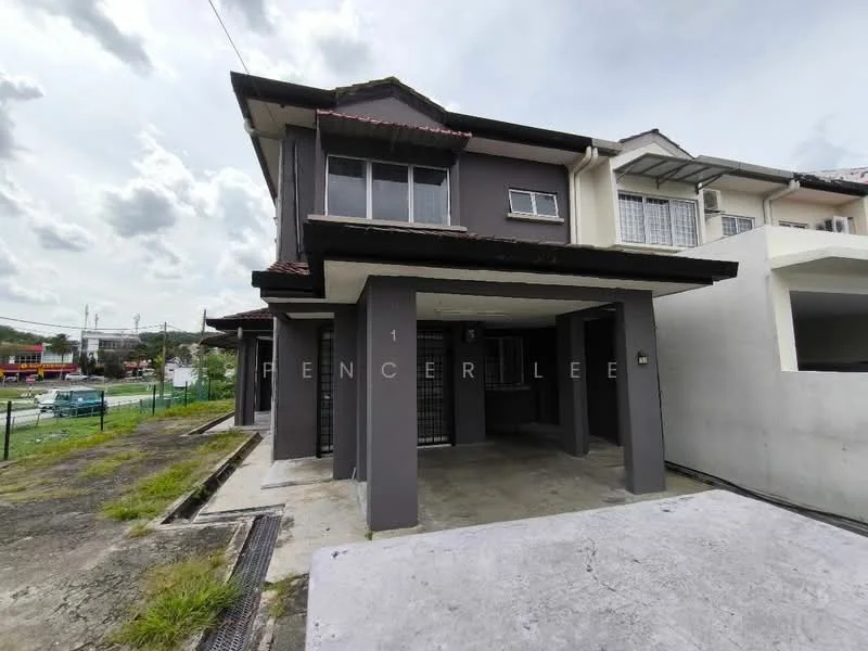 Exterior type: semi-detached house; features: grey painted facade, red tiled roof, covered car porch, two-storey structure, front porch area, concrete flooring, visible landscaping, windows with grills, driveway, surrounding greenery; style: modern.