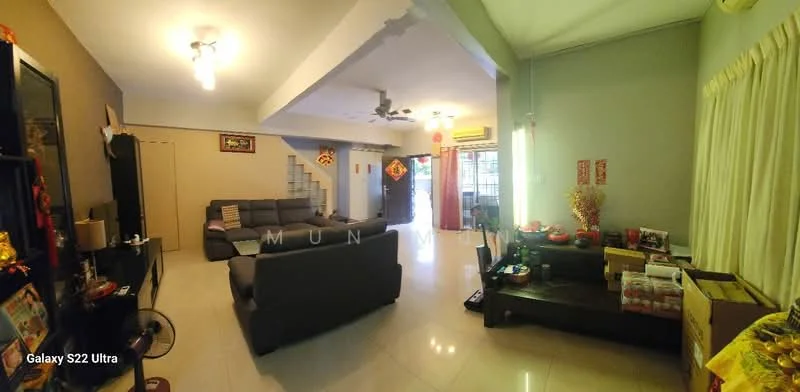 Living features: L-shape sectional sofa in grey, coffee table, TV console, wall-mounted TV, area rug, ceiling fan, recessed downlights, cream painted walls, tile flooring, large windows with sheer curtains, decorative wall art, open layout to dining area; style: modern; view: garden.