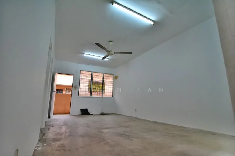Room features: white painted walls, concrete flooring, ceiling fan, fluorescent lighting, large window, doorway leading to another room; style: minimalist.