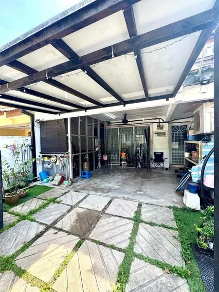 Exterior type: car porch; features: covered car porch, concrete flooring, sliding glass door, metal roof, exposed beams, garden area with grass, stone-paved walkway, outdoor lighting, wall-mounted ceiling fan, storage area with shelves, decorative plants; style: modern.