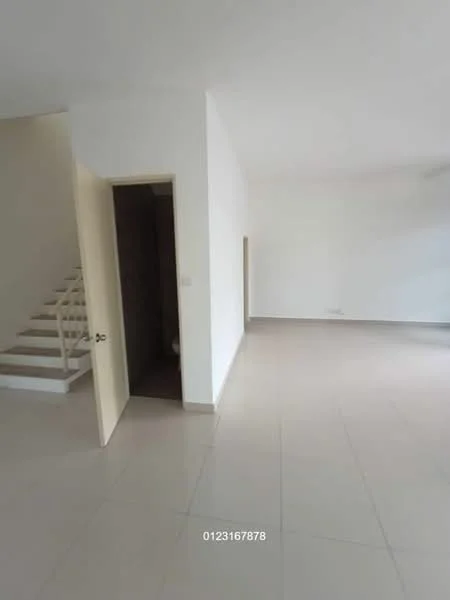 Room features: white painted walls, light-colored tiled flooring, staircase leading to upper level, door leading to another room, natural light from windows, empty space, neutral color scheme; style: modern.