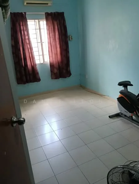 Room features: light blue painted walls, white tiled flooring, window with brown curtains, exercise bike, ceiling fan, natural light from window.