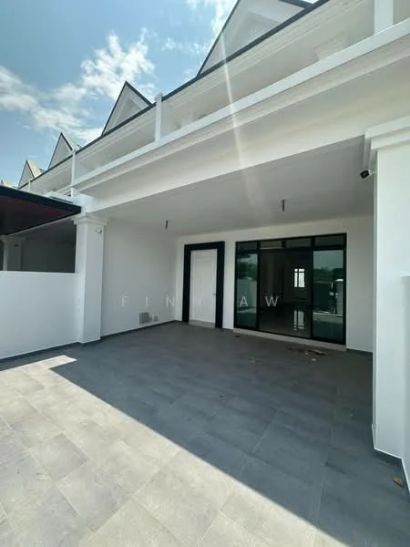 Exterior type: linked terrace house; features: white painted facade, flat roof, approximately 2-storey, paved flooring, large glass windows, covered porch area, minimalist design, outdoor lighting fixtures; style: modern.