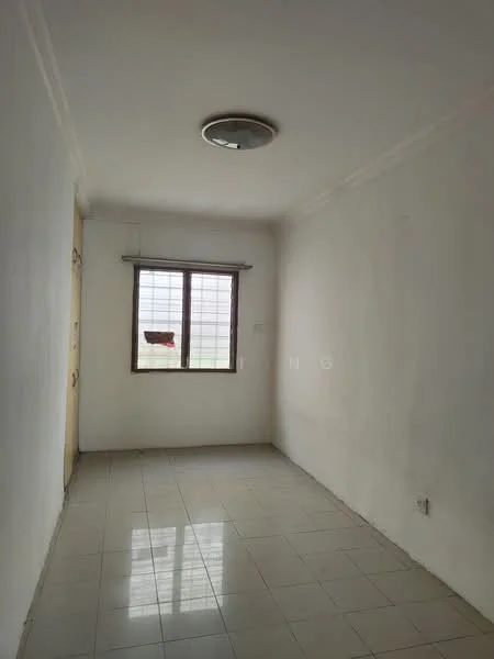 Room features: white painted walls, plain ceiling, ceiling light fixture, tiled flooring, single window with grid, neutral color scheme, empty space, no visible furniture; style: minimalist.