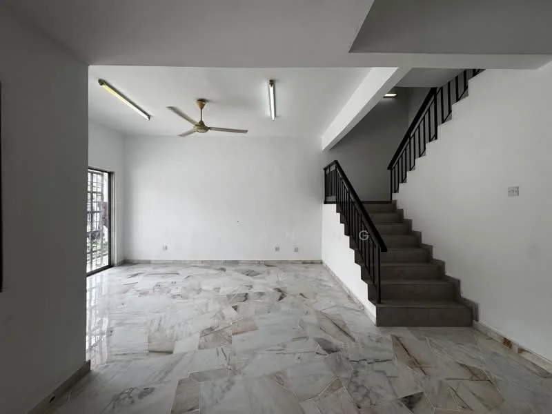 Living features: marble flooring, white painted walls, 5-blade ceiling fan, floor-to-ceiling windows, staircase with black railing, natural light from windows, open layout, no visible furniture; style: modern.