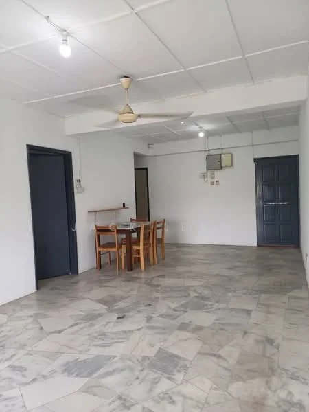 Living features: marble flooring, white painted walls, 5-blade ceiling fan, wall-mounted split AC, dining table with four chairs, door leading to hallway, door leading to exterior, recessed lighting; style: minimalist.