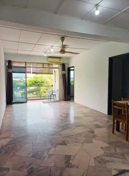 Living features: marble tile flooring, white painted walls, ceiling fan, floor-to-ceiling windows, sliding glass door, curtains, balcony access, dining table, chairs, air conditioning unit; view: garden.