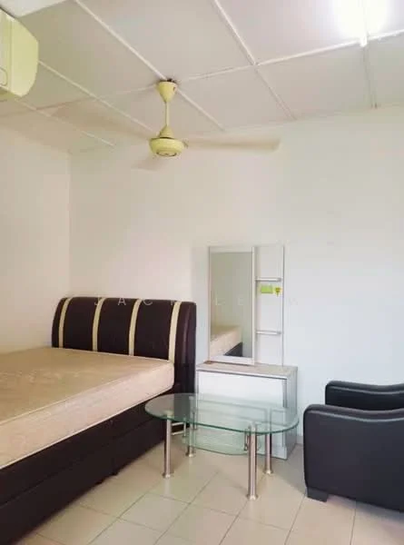 Bedroom features: queen-size bed base without mattress, glass coffee table, 2-seater leather sofa, mirror with frame, ceiling fan, white painted walls, tile flooring, built-in wardrobe; style: modern.