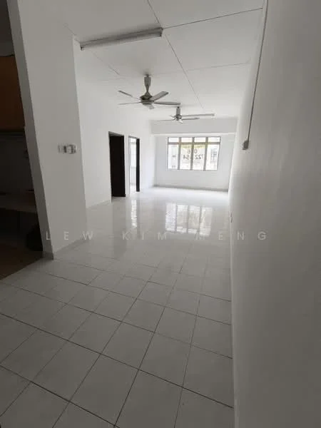Room features: white painted walls, white tiled flooring, 2 ceiling fans, large windows, natural light, open layout, no visible furniture, high ceiling; style: modern.