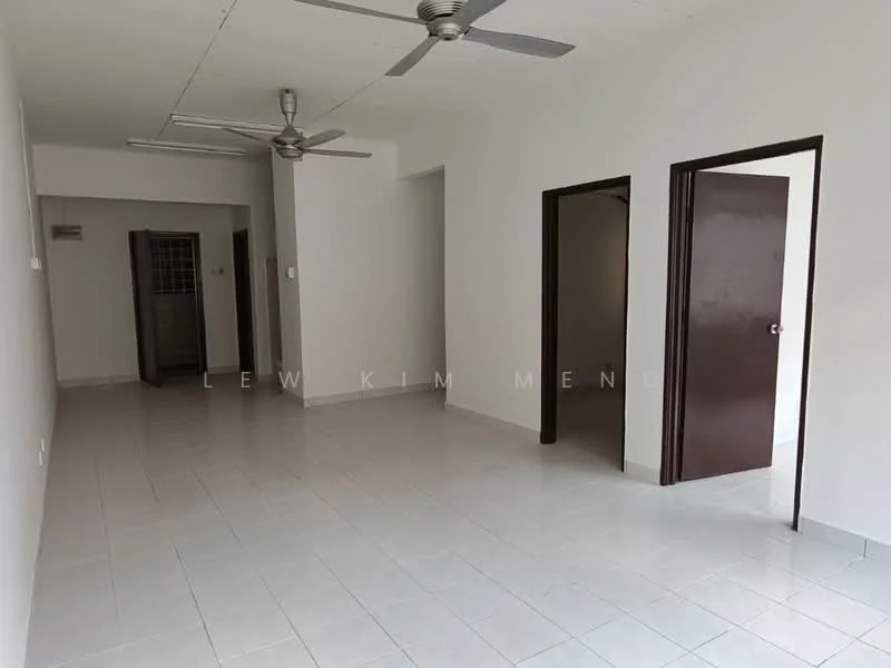 Room features: white painted walls, white tiled flooring, 2 ceiling fans, doorway to adjacent rooms, open layout, natural light from windows, no visible furniture, neutral color scheme; style: minimalist.