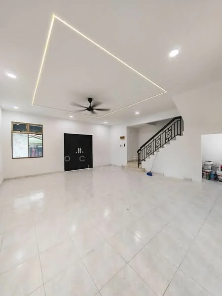 Living features: white painted walls, glossy white tile flooring, tray ceiling with LED strip lighting, 5-blade ceiling fan, large window with sheer curtains, black feature wall with circular design, staircase with metal railing, open layout, recessed lighting, neutral color palette; style: modern.