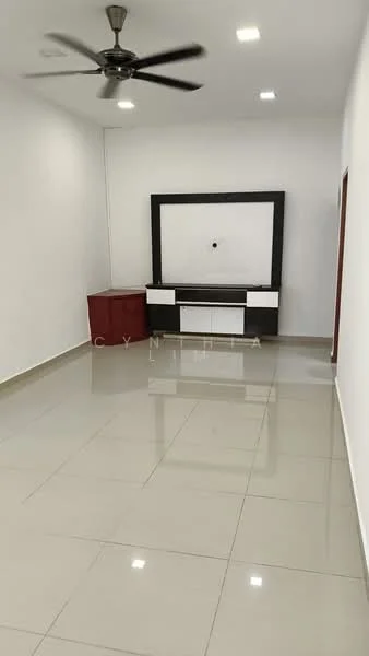 Living features: white painted walls, glossy ceramic tile flooring, 5-blade ceiling fan with light, wall-mounted TV console in black and white, red wooden cabinet, recessed LED downlights; style: modern.