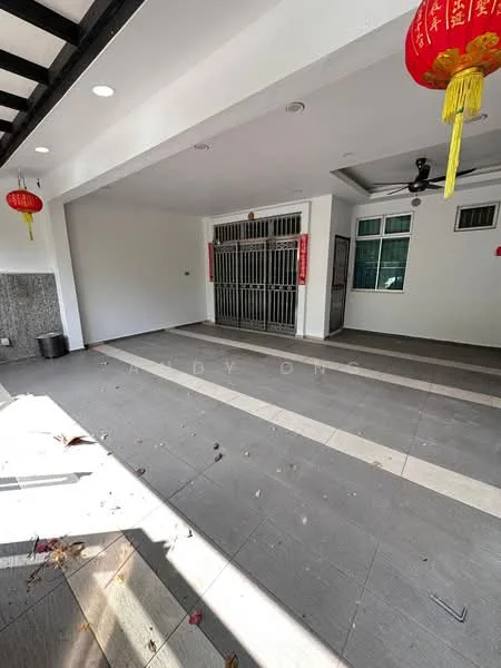 Exterior features: covered porch, grey tiled flooring, white painted walls, black ceiling beams, security grille, hanging red lanterns, sliding glass door, windows with grilles, manicured landscaping, outdoor lighting; style: modern.