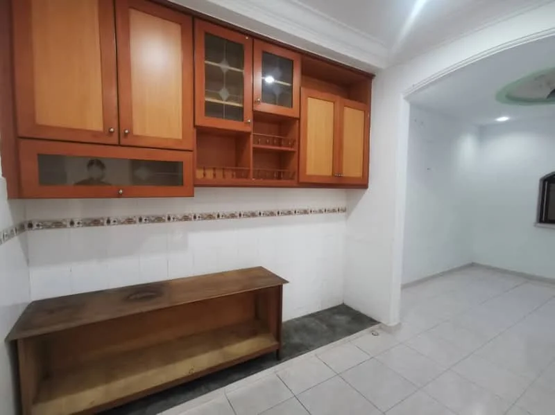 Kitchen features: wooden cabinetry with glass-front upper cabinets, white tiled backsplash, ceramic tile flooring, countertop with space for appliances, open shelving, neutral wall colour, recessed ceiling lights, built-in wine rack; style: modern.