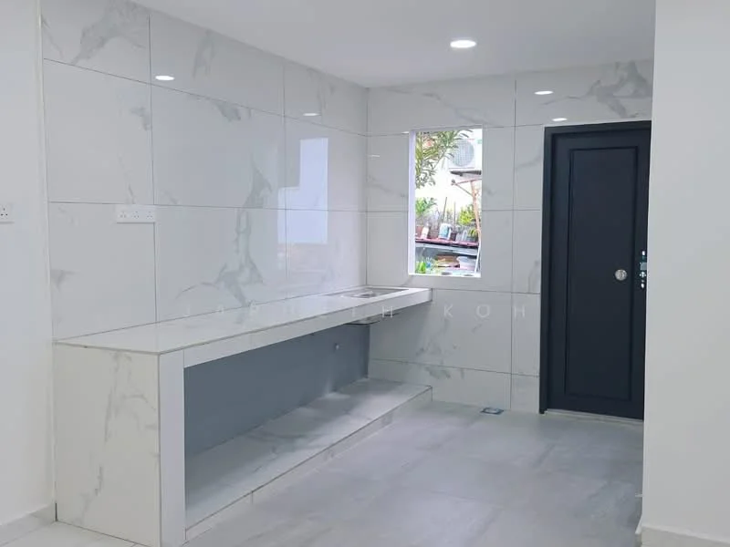 Kitchen features: white marble countertop, white tiled backsplash with marble pattern, single-bowl stainless-steel sink, black door, window with garden view, light grey flooring, recessed downlights, open shelving below countertop; style: modern; view: garden.
