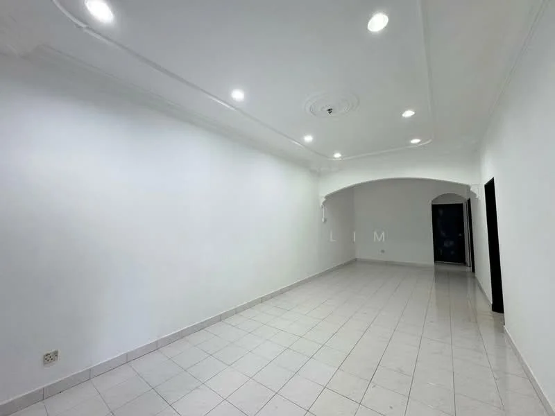 Room features: white painted walls, tile flooring, recessed downlights, crown moulding, arched doorway, empty space, no visible furniture, neutral color scheme; style: modern.