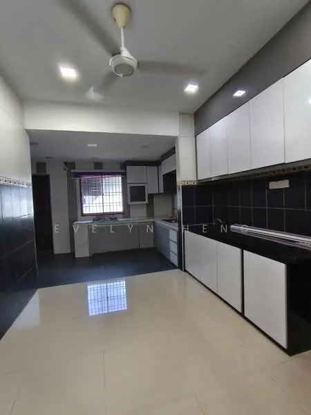 Kitchen features: white upper cabinets, black lower cabinets, black tiled backsplash, marble tile flooring, recessed downlights, ceiling fan, built-in oven, stainless-steel sink, counter space, window with grid pattern, open layout to living area; style: modern.