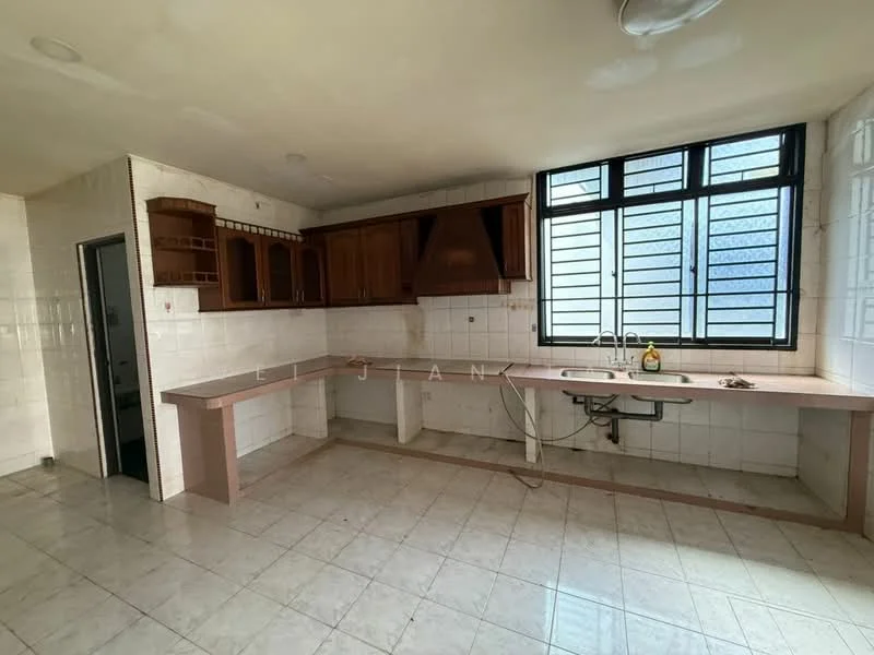 Kitchen features: brown wooden cabinetry, white tiled walls, light-colored countertop, single-bowl stainless-steel sink, chrome faucet, window with grid design, ceramic tile flooring, open layout, kitchen island, exhaust hood, no visible appliances.