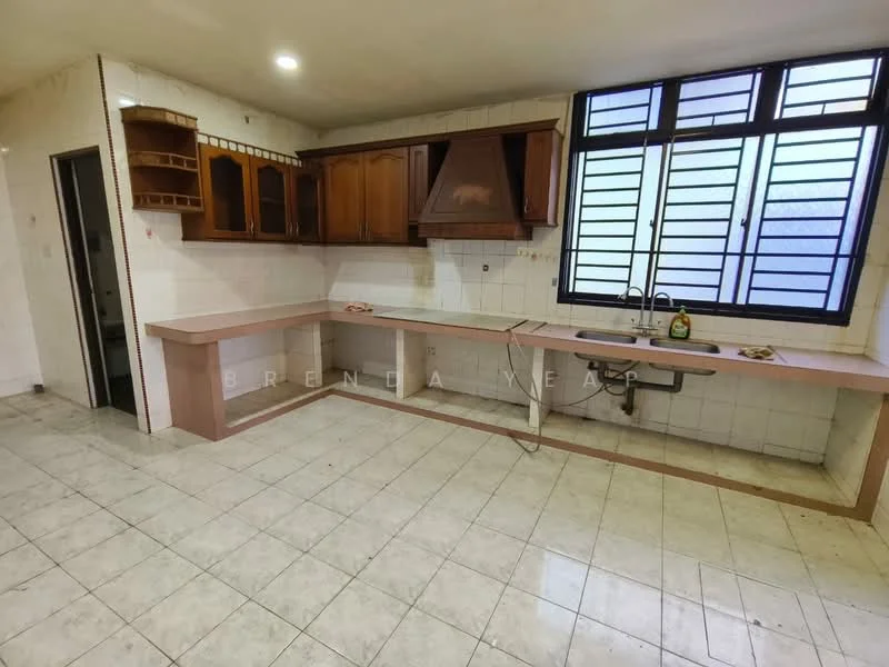 Kitchen features: L-shaped countertop, pink laminate countertop, wooden cabinetry with brown finish, stainless-steel sink, chrome faucet, white tiled backsplash, ceramic tile flooring, large window with grid pattern, exposed range hood, built-in kitchen cabinet, wall-mounted storage shelves.