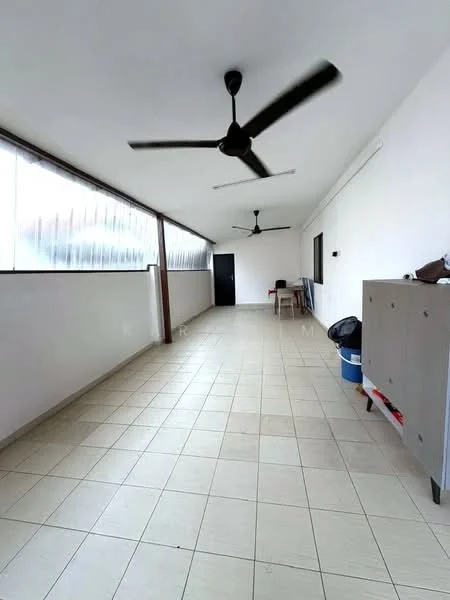 Room features: white painted walls, tile flooring, 2 ceiling fans, large windows, black door, table, storage cabinet; style: modern.