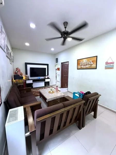 Living features: 3-seater wooden sofa, 2-seater wooden sofa, coffee table, wall-mounted TV, ceiling fan, recessed LED downlights, white painted walls, tile flooring, decorative wall art, air conditioning unit; style: modern.