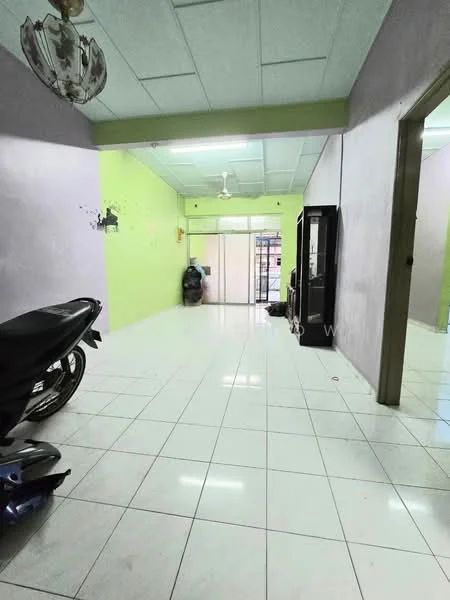 Room features: green painted walls, purple painted walls, white tiled flooring, ceiling fan, glass door, motorcycle parked, refrigerator, light fixture; style: modern.
