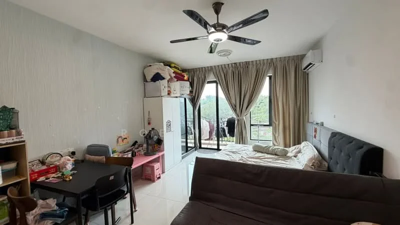 Living features: 5-blade ceiling fan with light, floor-to-ceiling windows, sliding glass door, cream painted walls, white tiled flooring, black upholstered bed, sofa, dining table with chairs, refrigerator, curtains, decorative items on shelves, laundry drying rack; style: modern; view: garden.