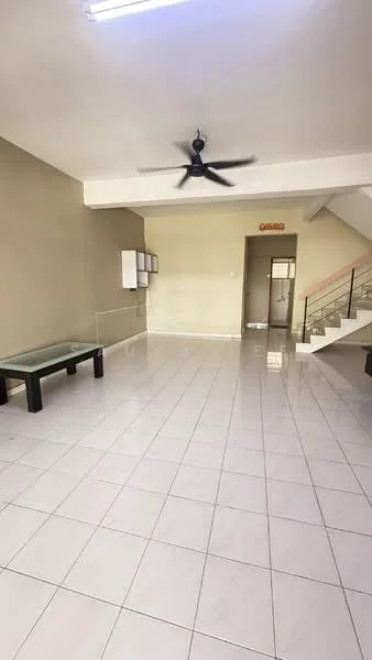 Living features: white painted walls, glossy white tile flooring, 5-blade ceiling fan, large glass coffee table, open layout, staircase leading to upper level, natural light from windows, neutral color scheme; style: modern.