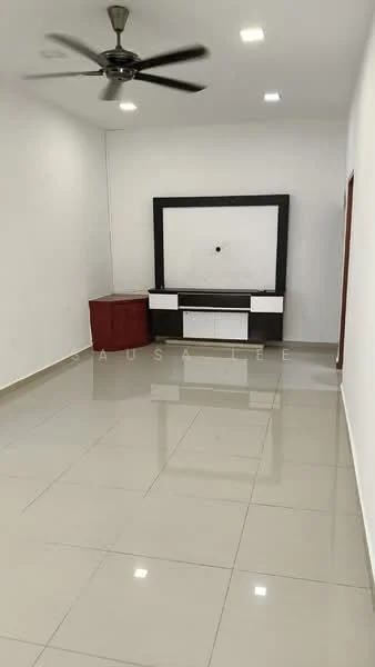 Living features: white painted walls, glossy ceramic tile flooring, 5-blade ceiling fan with light, wall-mounted TV console in black and white, red storage cabinet, recessed LED downlights; style: modern.