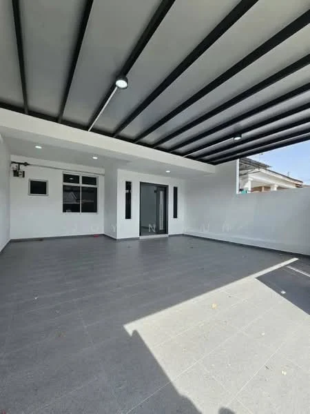 Exterior features: flat roof with exposed beams, grey tiled flooring, white painted walls, large glass door, multiple recessed downlights, windows with black frames, open space layout, no visible landscaping; style: modern.