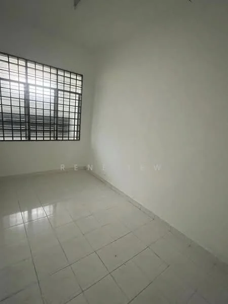 Room features: white painted walls, glazed tile flooring, large window with metal grille, natural light from window.
