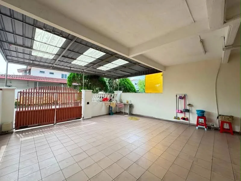 Exterior features: covered terrace, tiled flooring, metal roof, fenced perimeter, outdoor washing area, open space, yellow wall panel, garden view, access to main entrance; style: modern.