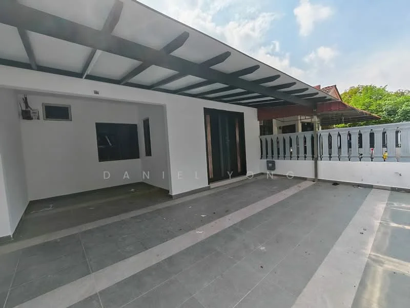 Room features: white painted walls, grey floor tiles, exposed beam ceiling, sliding glass door, balcony railing, outdoor space, large windows, natural light; style: modern; view: garden.