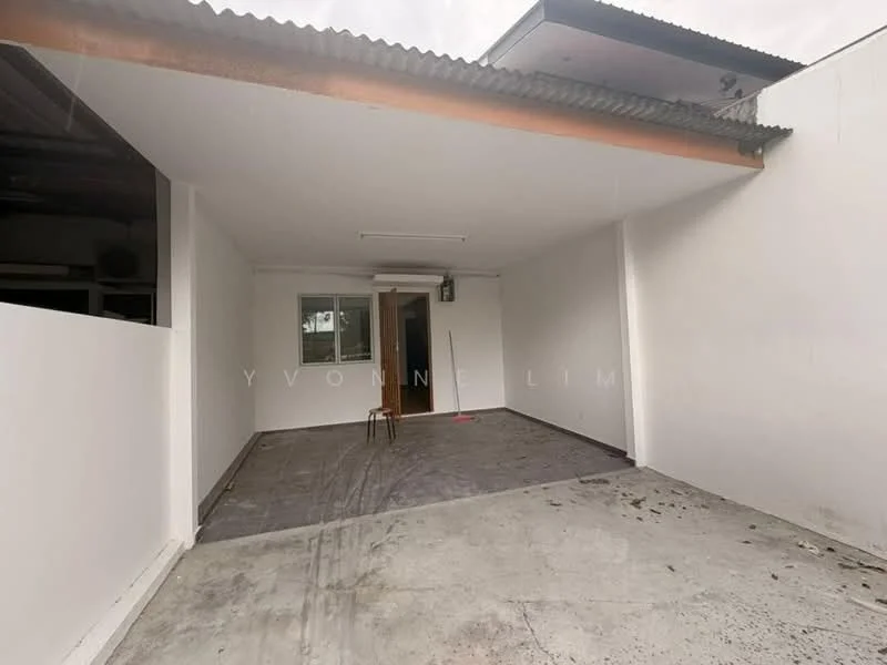 Exterior features: concrete flooring, white painted walls, roof with overhang, single window, doorway leading inside, empty space, minimal landscaping; style: modern.