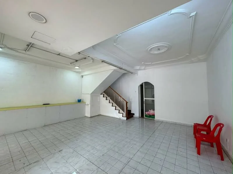 Room features: white painted walls, tile flooring, tray ceiling, recessed downlights, staircase with wooden steps, arched doorway, two red plastic chairs, green countertop, floor-to-ceiling windows, decorative ceiling rose; style: modern.