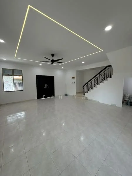 Living features: white painted walls, glossy ceramic tile flooring, tray ceiling with LED strip lighting, 5-blade ceiling fan, large window with black frame, black front door, staircase with metal railing, open layout, neutral color scheme; style: modern.