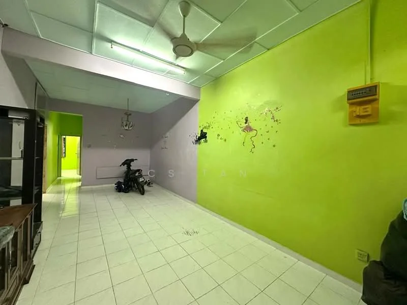 Room features: white tiled flooring, green painted walls, purple painted walls, ceiling fan, wall-mounted electrical box, decorative wall art, open layout, natural light from windows; style: modern.