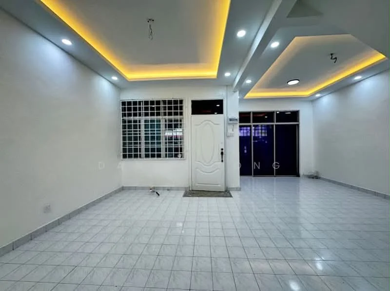 Room features: white painted walls, glossy white tile flooring, recessed LED downlights, tray ceiling with ambient lighting, single white door, large window with grid pattern, open layout, neutral color scheme; style: modern.