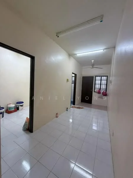 Room features: white painted walls, glossy white tile flooring, ceiling lights, 1 ceiling fan, door frames, windows with grilles, empty space, paint buckets on the floor; style: minimalist.