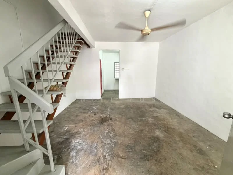 Living features: white painted walls, concrete flooring, ceiling fan, staircase with white railing, doorway leading to another room; style: minimalist.