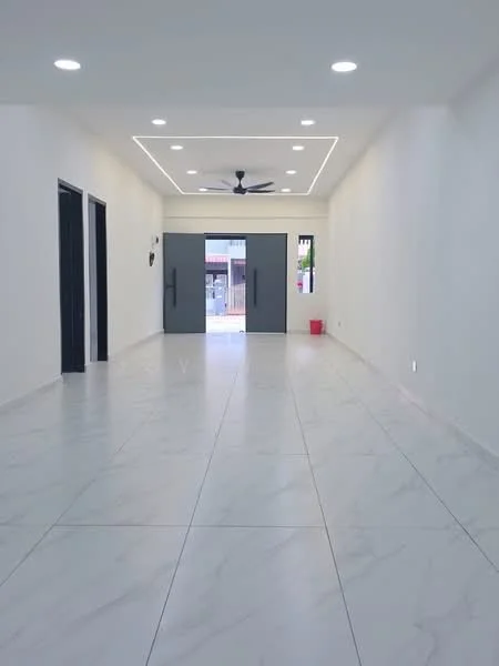 Room features: white painted walls, marble tile flooring, recessed ceiling lights, 5-blade ceiling fan with light, double doors, large windows, open layout, natural light; style: modern.