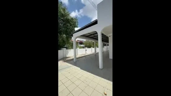 Exterior type: detached bungalow; features: white painted facade, flat roof with overhang, paved walkway, manicured landscaping, fenced perimeter, outdoor space with shade, surrounded by greenery; style: modern.