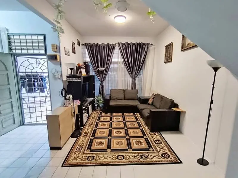Living features: grey fabric sofa, black leather sofa, area rug with geometric pattern, wall-mounted TV, TV console, floor lamp, curtains in dark grey, white painted walls, ceiling light, decorative wall art, wooden shelving unit; style: modern. Room features: white tiled flooring, open doorway leading outside, decorative plants.